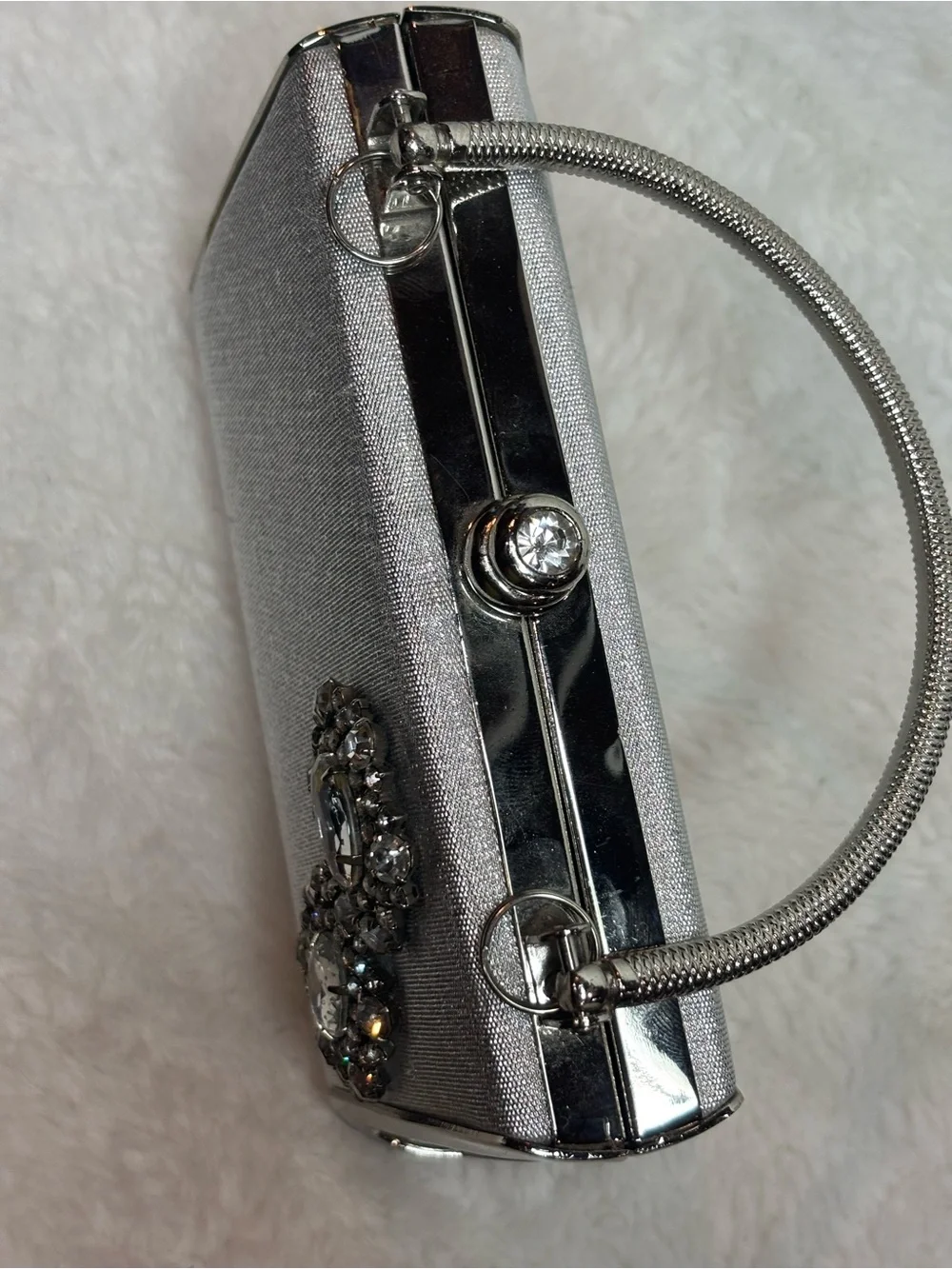 Vintage silver small evening bag with rhinestone flowers Purse